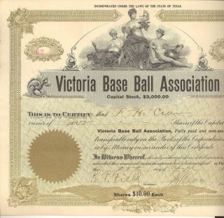 1910 Texas Baseball Team Stock Certificate Victoria