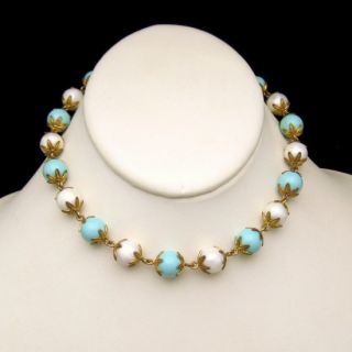   Vintage Acrylic Aqua White Beads Necklace Fancy Spiked Caps Adjustable