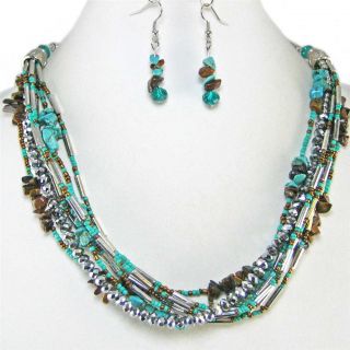   Layer Turquoise Brown Silver Bead Necklace Set Costume Jewelry