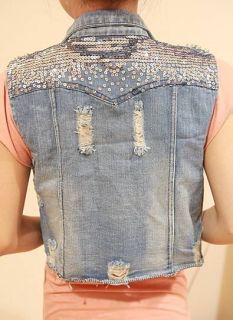 Casual Womens Punk Jean Vest Sleeveless Jacket Sequins Denim Waistcoat 