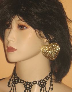 New Clip on Earrings Filigree Puffed Heart Yellow Gold Tone Jewelry 