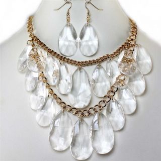   Ice Crystal Bead Bib Earrings Necklace Set Costume Jewelry