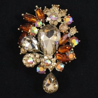 Rhinestone Crystals Chic Beauty Brown Flower Pendant Brooch Pin w 3 1 
