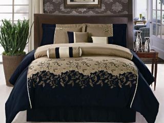 7PC Comforter Set Brown Black Beige Embroidery King Size Bed in a Bag 