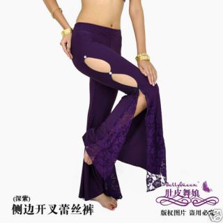 Sexy Belly Dance Pants Lace Kick Pleat 2 Sides Purple