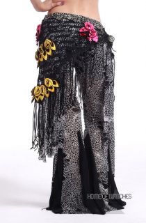 Black Belly Wrap Hip Scarf Costume Exquisite Tassels Flower Pattern 
