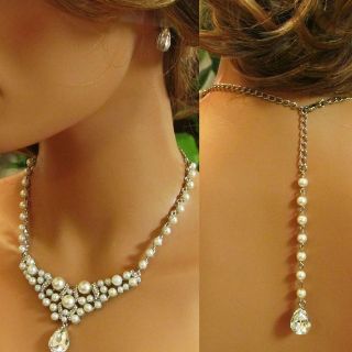 Handmade Bridal Crystal Pearl Back Drop Statement Necklace Earrings 