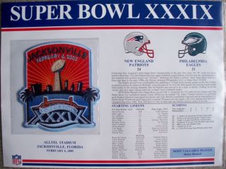 Super Bowl XXXIX 39 Patch Card 2004 Patriots Eagles