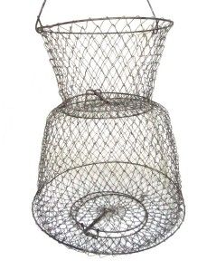 Vintage Fish Basket Metal Wire Mesh Net w 2 Spring Loaded Trap Door 