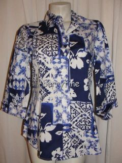 BFS11 Coldwater Creek Size M 10 12 Blue White 3 4 Cuffed Sleeve Blouse 