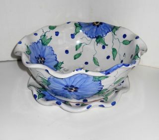 Jan Pugh Packer Creek Pottery Majolica Blue Zinnia Berry Strainer Bowl 