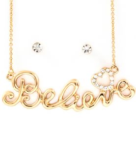 Believe Ladies Necklace Gold Tone Crystal Pendant & Earrings Set