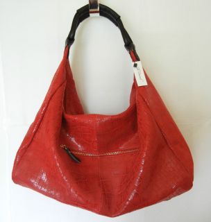 Lola Bernard Modena Hobo Leather Purse Handbag Croc Embossed Cherry 