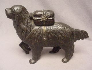 St Bernard Dog w Pack Large Coin Still Bank Cast Iron by A C Williams 