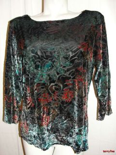 BFS11 Coldwater Creek Colorful Velour Burn Out 3 4 Sleeve Blouse Shirt 