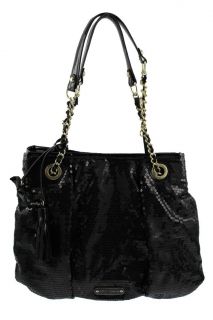 Betsey Johnson Black Sequined Double Chain Strap Tote Handbag Large 
