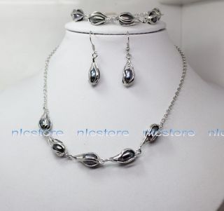 Beautiful Black Real Pearl Necklace Bracelet Earrings Fashion Jewelry 