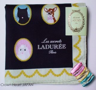 New LADUREE Paris Handkerchief Mini Scarf Black Dog Cat Macarons JAPAN