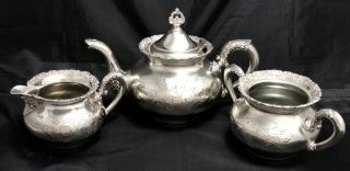 Victorian Van Bergh 468 Tea Set Quadruple Silverplate Teapot, Creamer 
