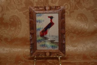 VINTAGE MEXICAN FEATHER FOLK ART BIRD IN A HAND CARVED FRAME