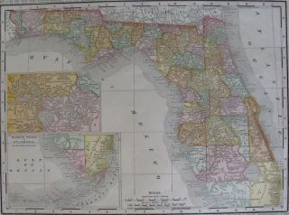   FLORIDA. COUNTIES, RAILROADS, EVERGLADES, ORIGINAL ANTIQUE STATE MAP