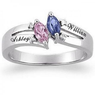  Sterling Silver Couples Marquise Name Birthstone Ring