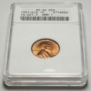 1951 D OVER S Lincoln Cent ANACS MS64 RED Over Mint Mark ERROR, In 