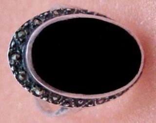 Large Black Onyx with Marcasite on Sterling Silver Ring