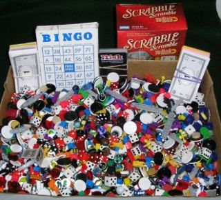 LOT 6 LBS GAME PLAYING PIECES,PARTS,CLUE, MARBLES,DICE,BINGO,RISK 