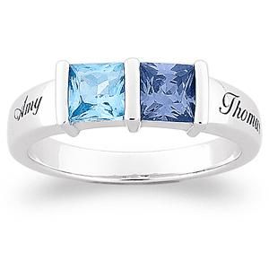 CUSTOMIZED STERLING SILVER SQUARE CUT COUPLES BIRTHSTONE NAME RING