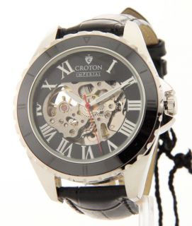 Croton Automatic Movement Ceramic Bezel Mens Black Leather Watch 