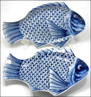 Japanese Imari Arita Porcelain Blue White Fish Form Figural Dishes 