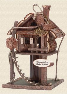 Wooden log cabin bird house feeder. Welcome to our neck of the woods 