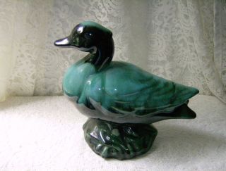 Blue Mountain Pottery Duck Figurine Green Black Drip Glaze Goose 