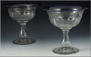   19thC Pittsburgh Glass Compotes w Knop Stems Applied Blue Rims