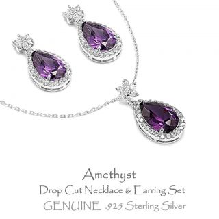   Drop Stone Earring Necklace Set Silver February Birthstone