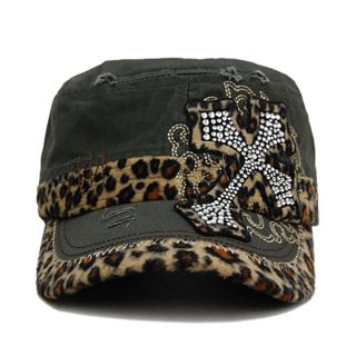 Cross Bling Cheetah Print Baseball Cap Hat Cap Cadet Military Style 