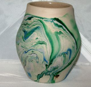    Pottery Vase 1986 Matte Blues Greens Turquoise SWIRLS CLAY OOAK