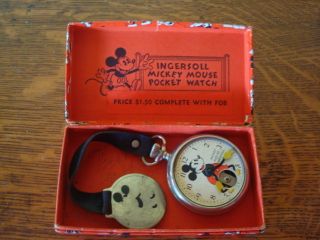 Vintage 1930s Ingersoll Mickey Mouse Pocket Watch with Original Box 
