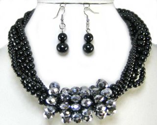 Chunky ~ Black Twisted Faux Pearls~ Front Wrapped Metallic Silver 