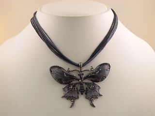 Jet Black Butterfly Pendant Necklace Earrings Set S0336