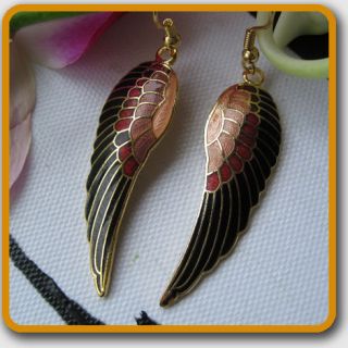 Gold Plated Cloisonne Enamel Black Angel Wing Dangle Earrings