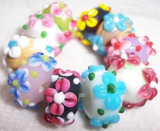   Colorful Handmade Lampwork Glass Beads Mixed Blossom Flowers h16