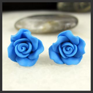 Lovely Blue Rose Flower Soft Ceramic Clay Stud Earrings