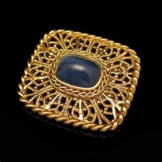   Vintage Filigree Brooch Pin Beautiful Blue Art Glass Stone