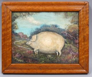   Folk Art Farm Prized Show Pig Oil Painting Tiger Maple Frame