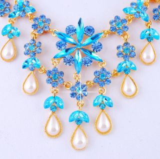 Blue Tassel Wedding Rhinestone Imitate Pearl Set Bib Huge Necklace 
