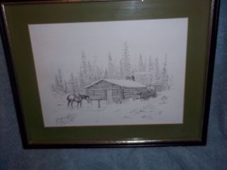 Bob Edgar Signed Print Framed Log Cabin Dated 1979