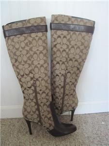 Coach Blane Womens Khaki Knee High 12cm Signature C Leather Trim Boots 