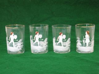 Set Four Antique Mary Gregory Glass Tumblers Figural